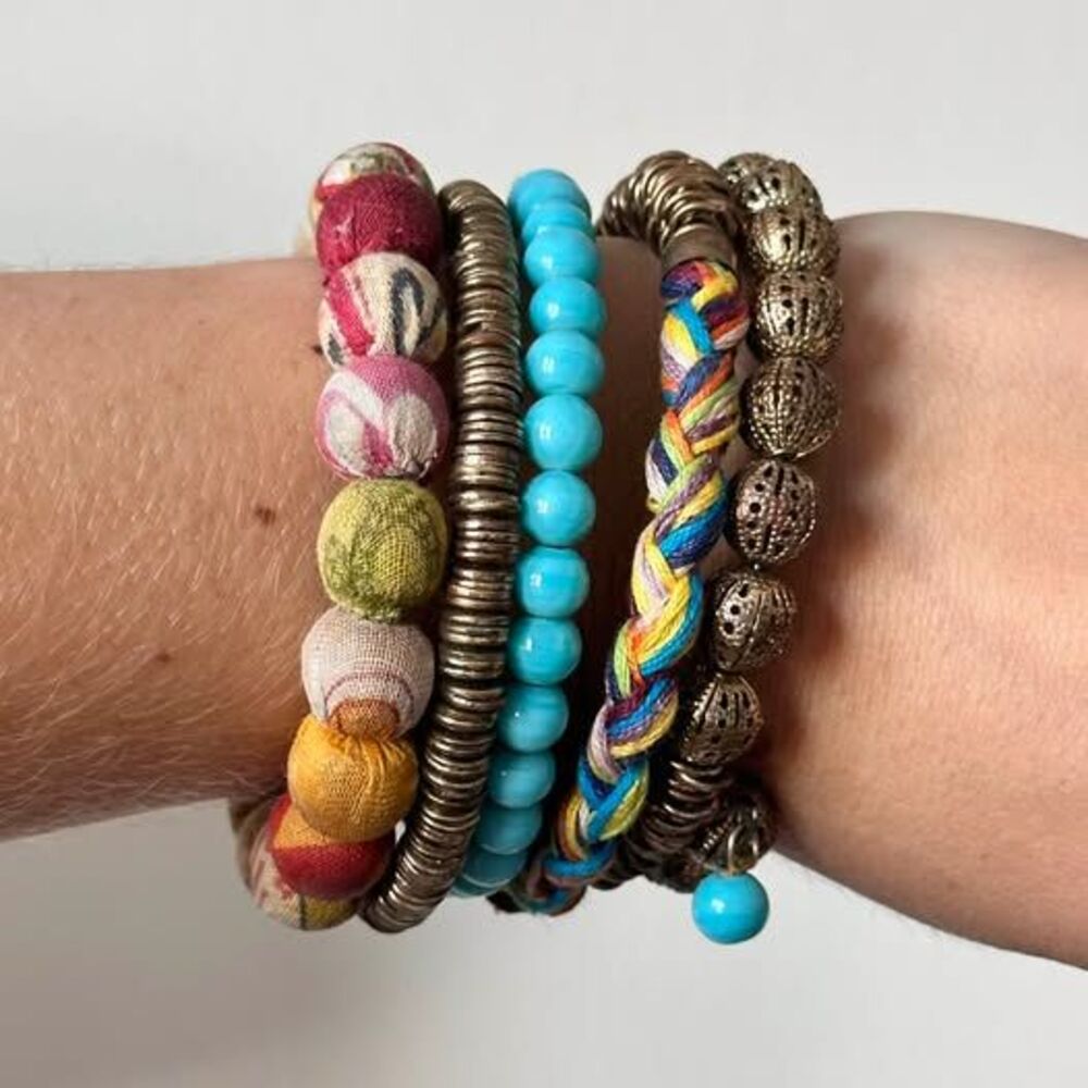 Boho Multi-Strand Memory Wire Wrap Bracelet with Fabric, TurquoiseBrass Beads